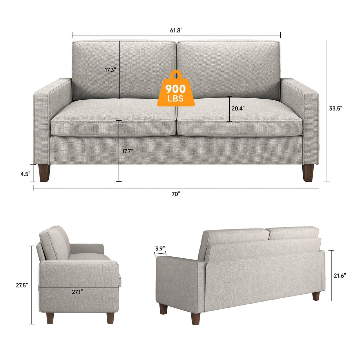 70" Grey Loveseat Sofa, 2 Seater Modern Couch, Linen Fabric Couch