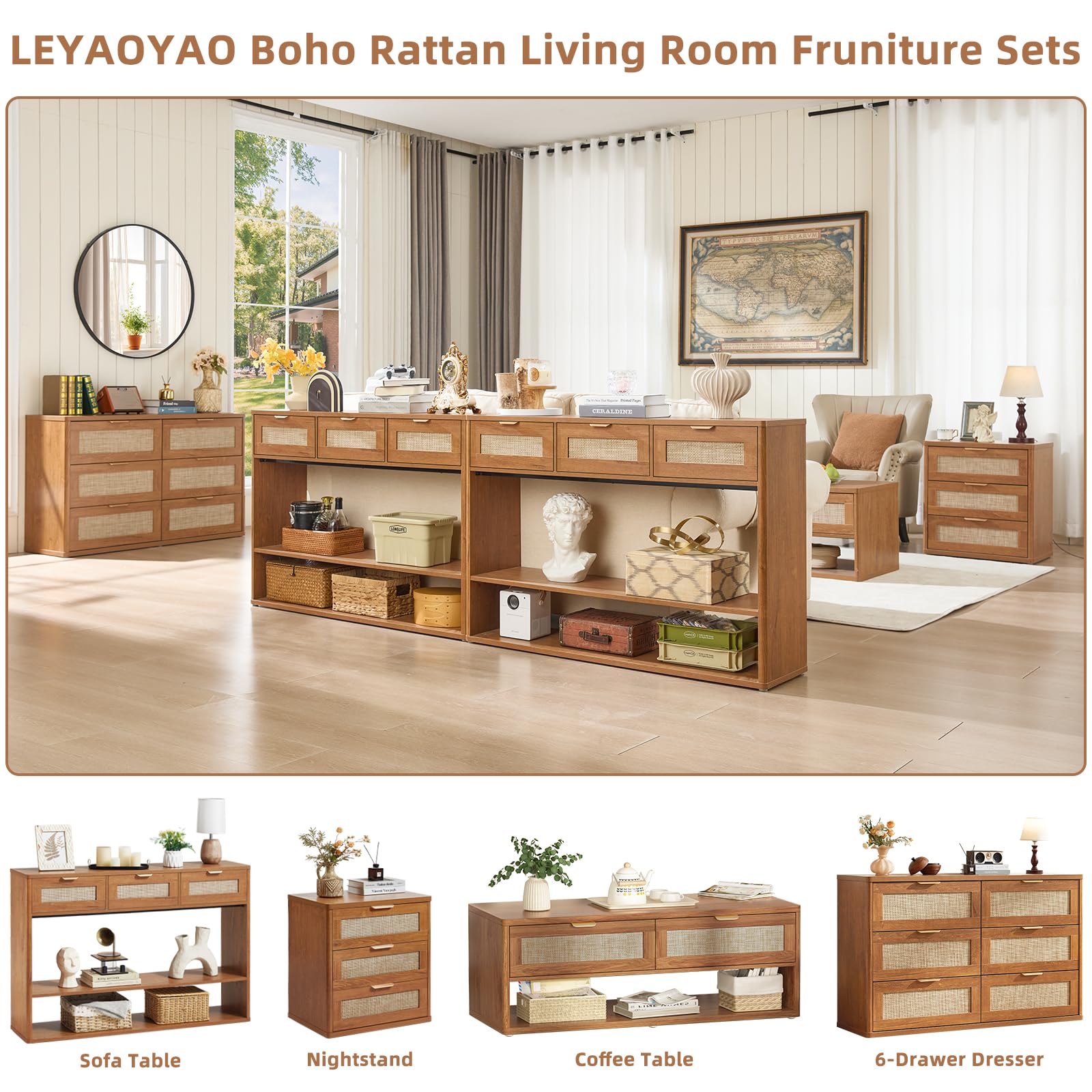 48" Boho Rattan Console Table with 3 Drawers