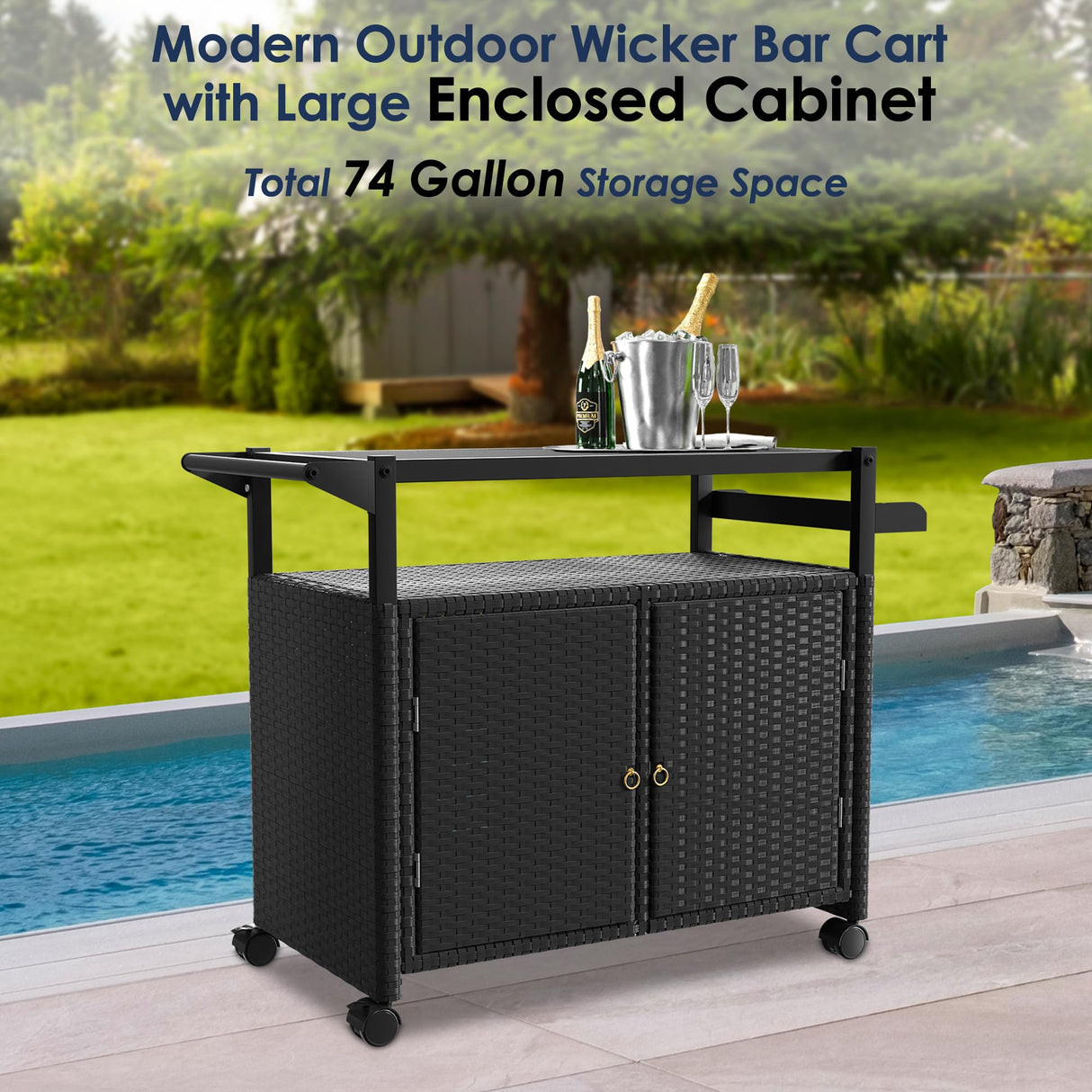 Outdoor Bar Table, Wicker Bar Cart with Cabinet, Patio Serving Cart