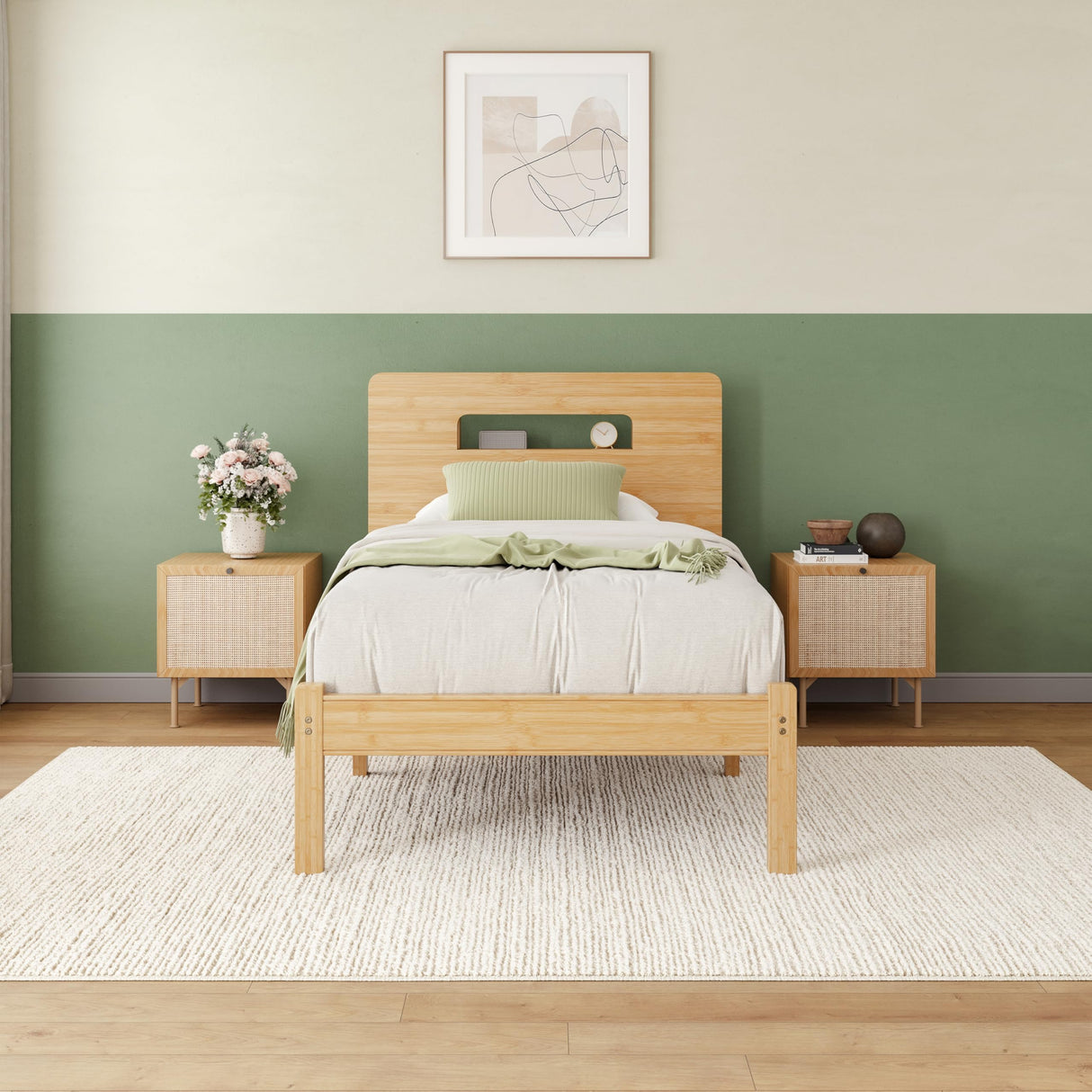 Solid Bamboo Wood Bed Frame Twin with Storage Headboard