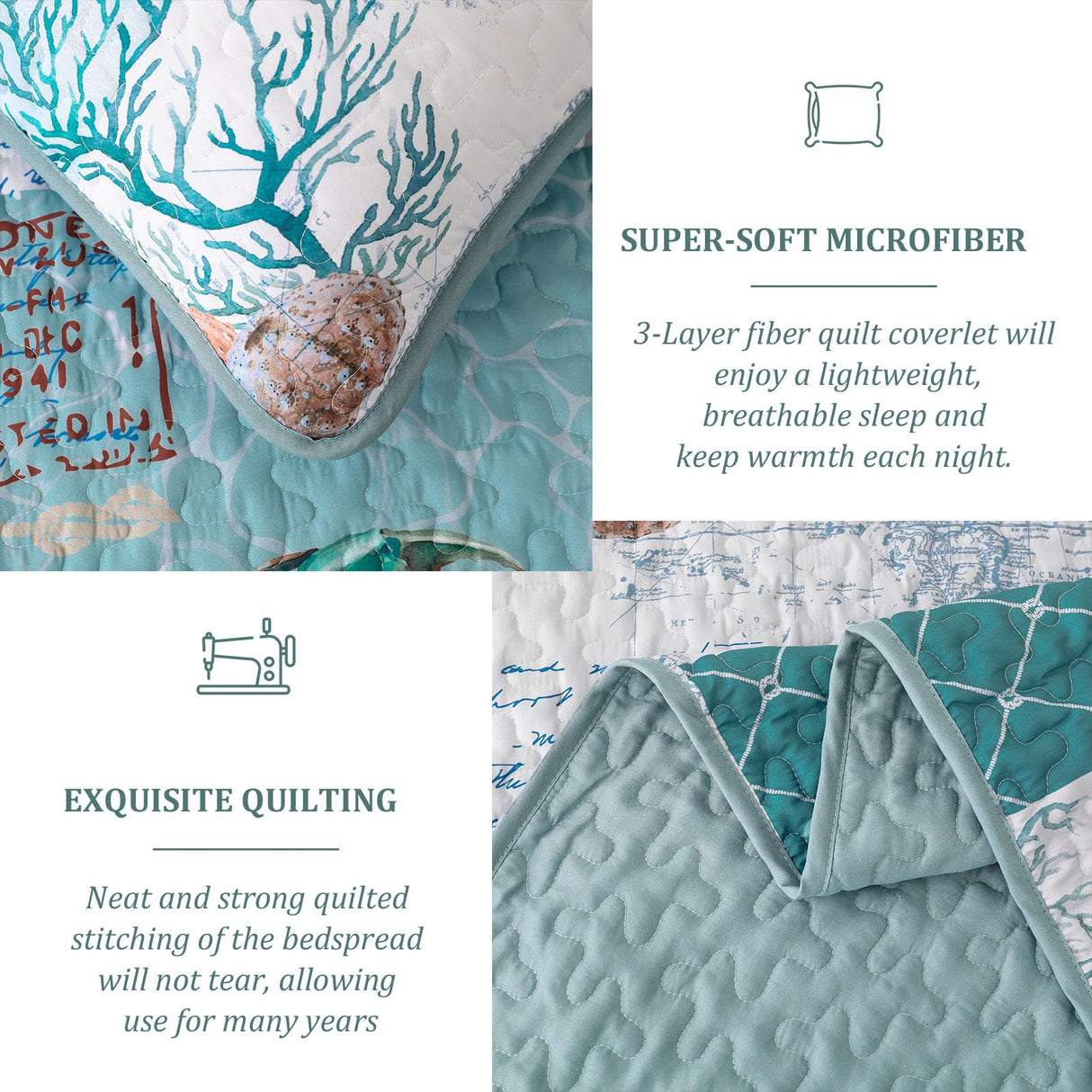 Quilt Set King Size Ocean Bedspread Coverlet Set 3 Piece-Soft Lightweight