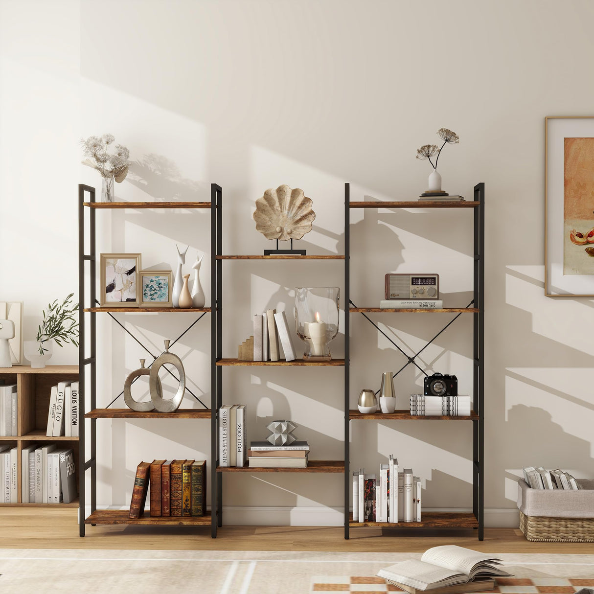 Triple 4 Tier Bookshelf, Industrial Bookcase with 11 Open Display Shelves Wide Book Shelf