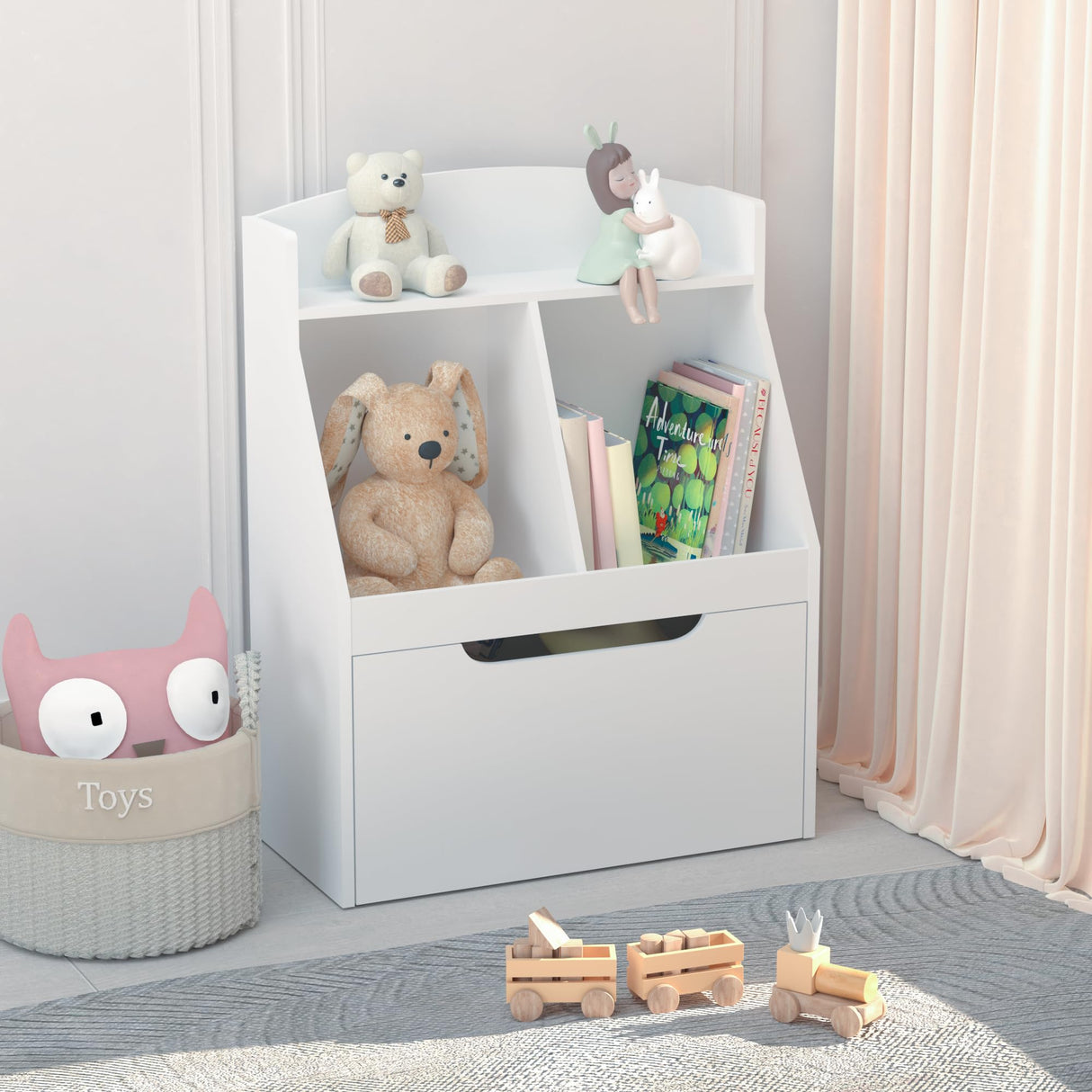 Cabinet Organizer with Drawer and Wheels, Wooden Kids Bookshelf Children's Book