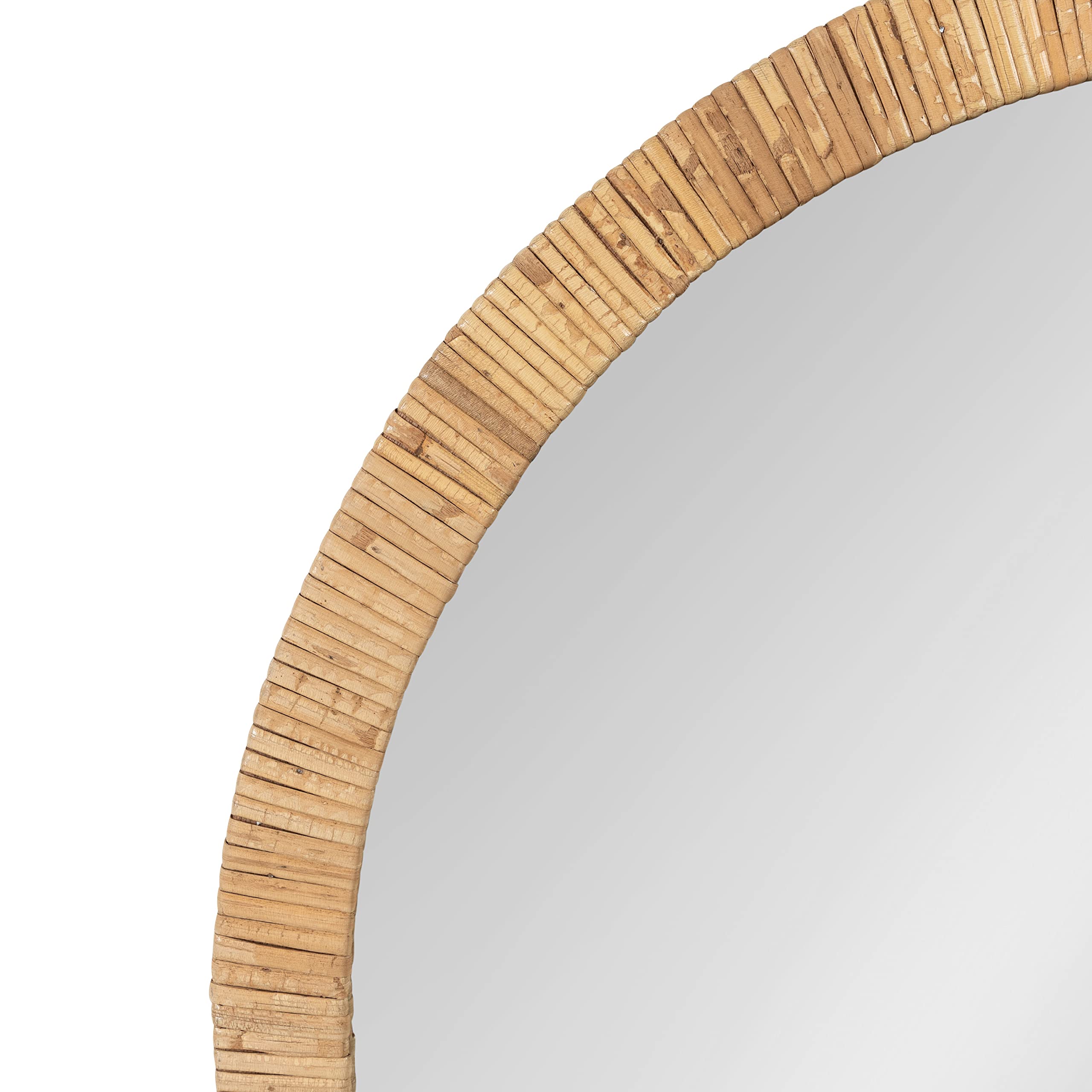 Rahfy Boho Round Rattan Mirror, 28 Inch Diameter, Natural Wood, Decorative Round Wood