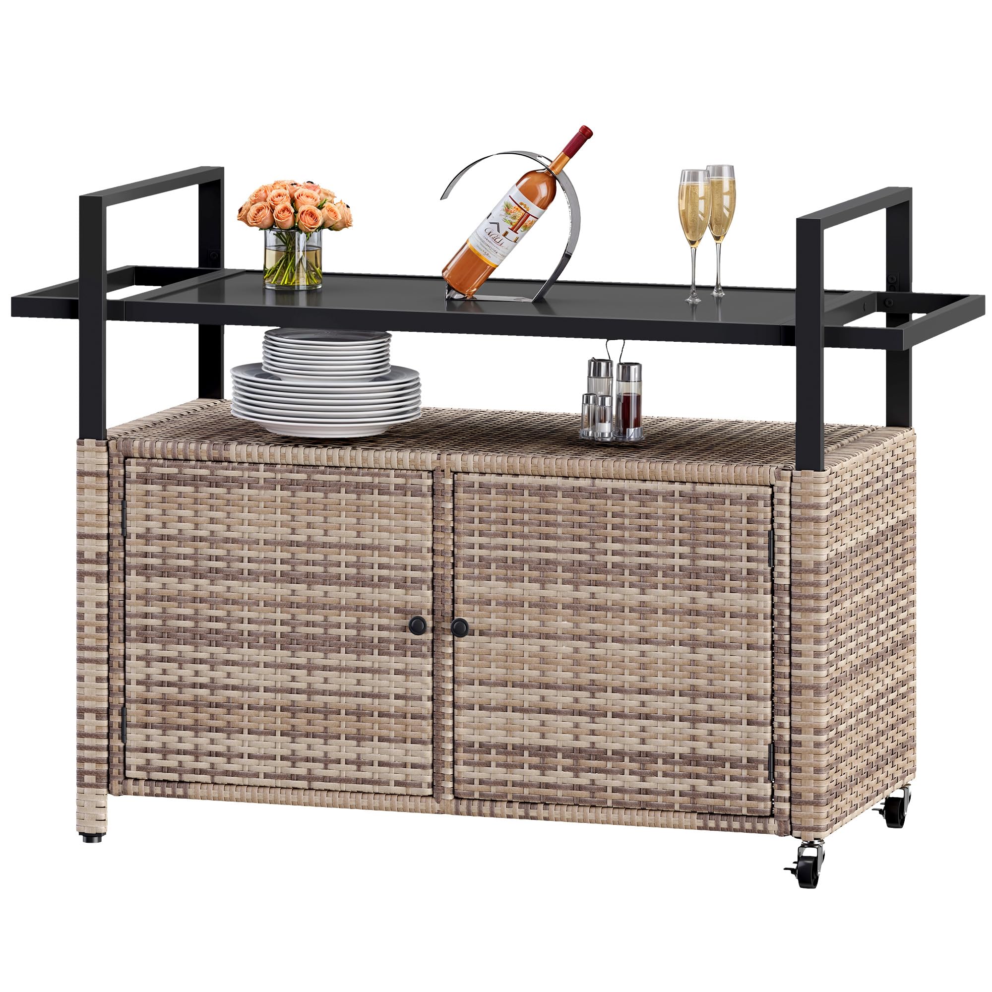 Patio Storage Cabinet,Outdoor Bar Cart with Glass Top,Outdoor Storage Cabinet