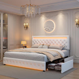 Queen Led Bed Frame with 4 Storage Drawers, with Smart Control RGBW LED Lights Headboard Footboard,