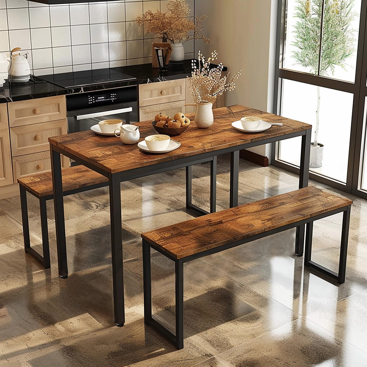 Kitchen Table Set with 2 Benches, Dining Table Set for 4, 3 Piece Dining Room