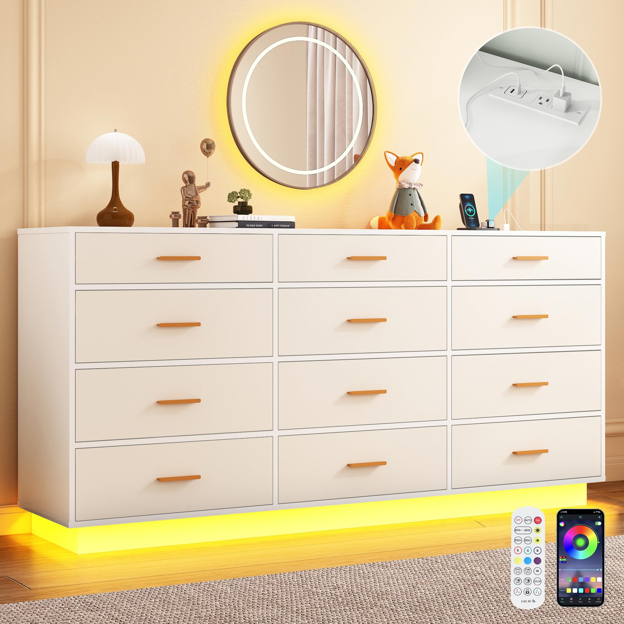 12 Drawers Dresser w/Power Outlet,Colors Lights,63In Long Dresser