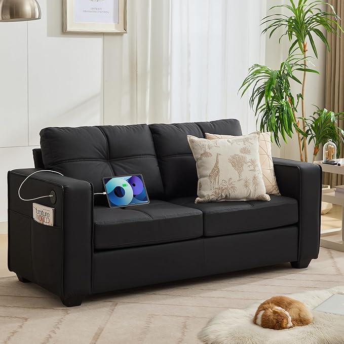 65" W Morden Linen Fabric Sofa Couch w/ 2 USB Charging Ports and Wide Arms