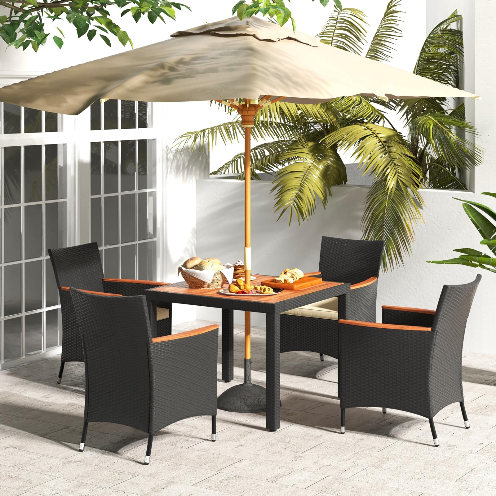 5 Pieces Patio Dining Table Set for 4, Rattan Conversation Set with Umbrella Hole