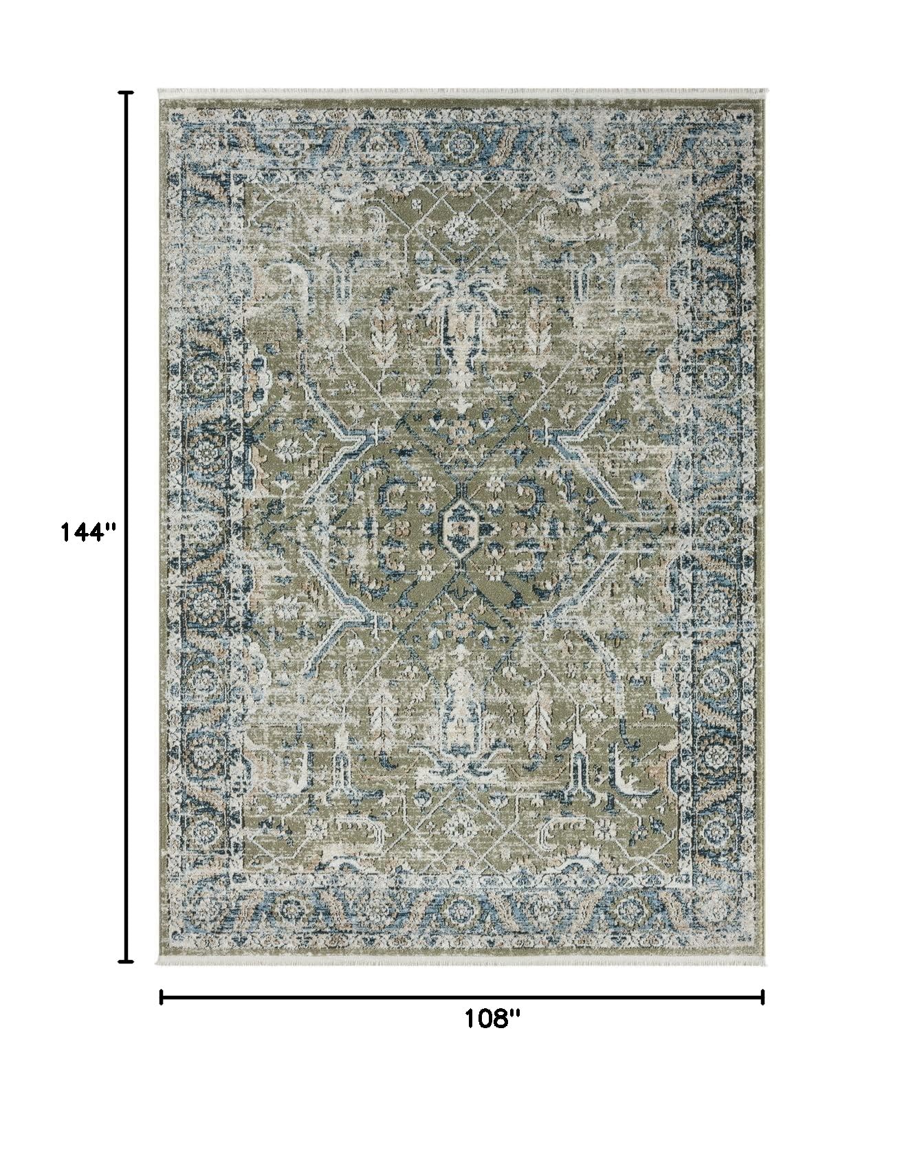 Vintage Blue Green Area Rug 9x12 - Non-Shedding Medium Pile