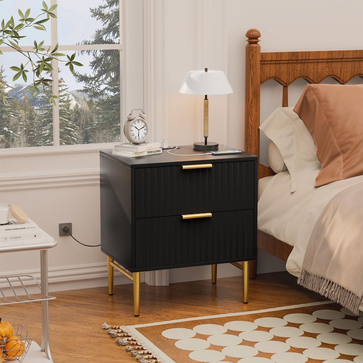 Black Nightstand Set of 2 with Charging Station, Fluted Nightstand with Drawers