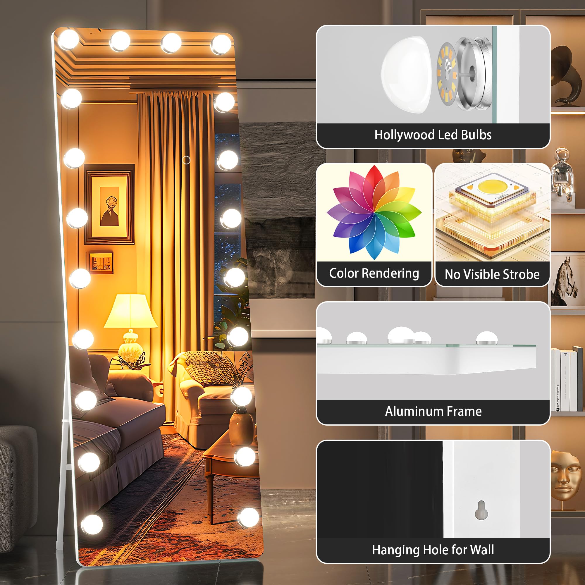 Full Length Mirror with Lights, 65" x 22" Led Standing Mirror,