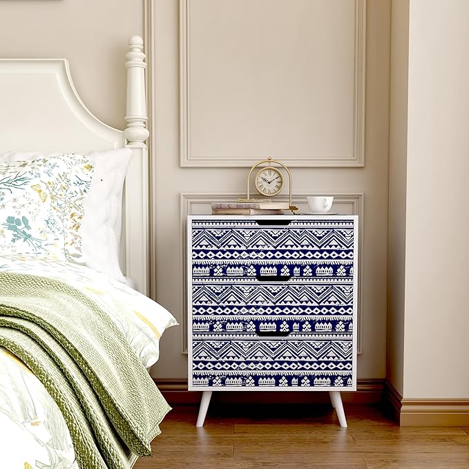 Boho Nightstand Set of 2,Blue Night Stand with 3 Drawer,Bohemian Nightstand Bedside
