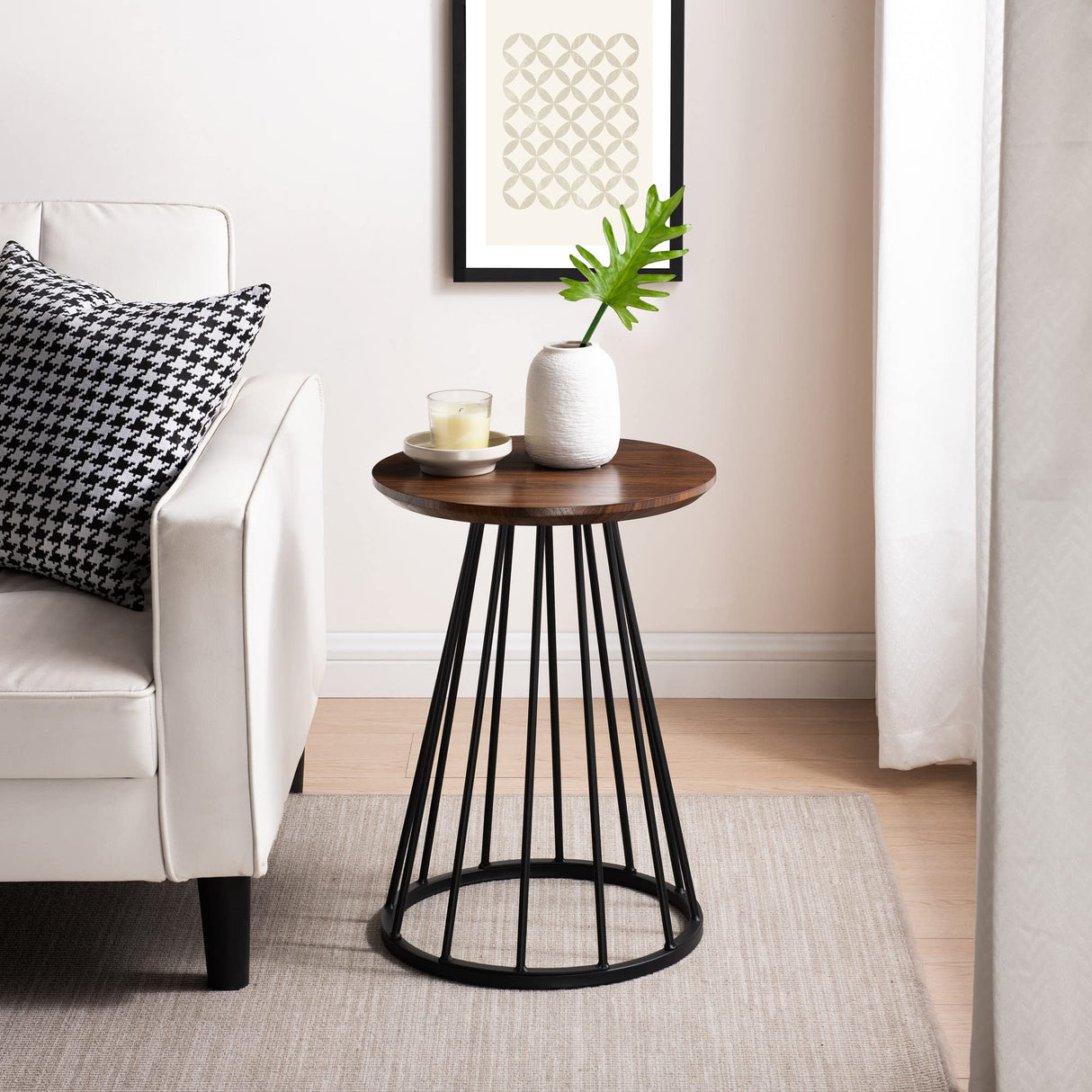 Vivv Modern Round Metal-Base Side Table, 16 Inch, Dark Walnut