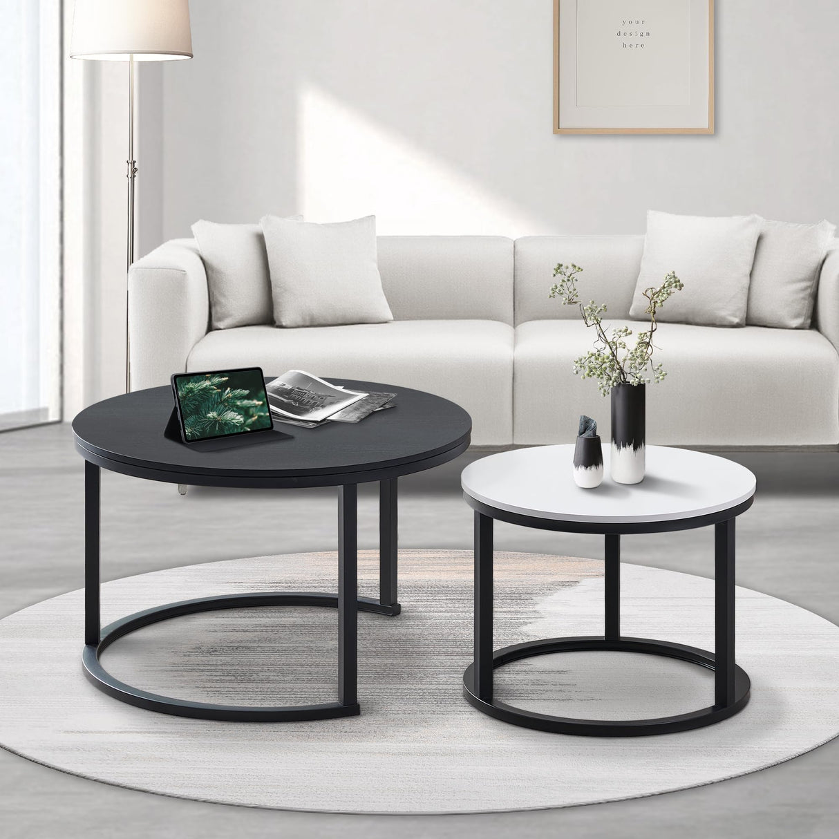 27.5 Inch Round Wood Tables 2 Pack, Small Coffee Tables for Small Spaces, Coffee Tables
