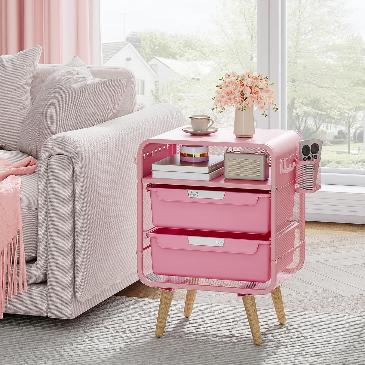 Pink Nightstand,Cute End Table with Storage Drawer,Kids Nightstand for Bedroom Furniture,