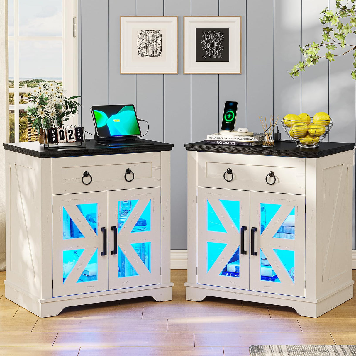 End Table Set 2 with LED Lights, 23.6" Large Farmhouse End Table with Charging Station