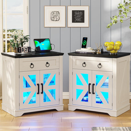 End Table Set 2 with LED Lights, 23.6" Large Farmhouse End Table with Charging Station