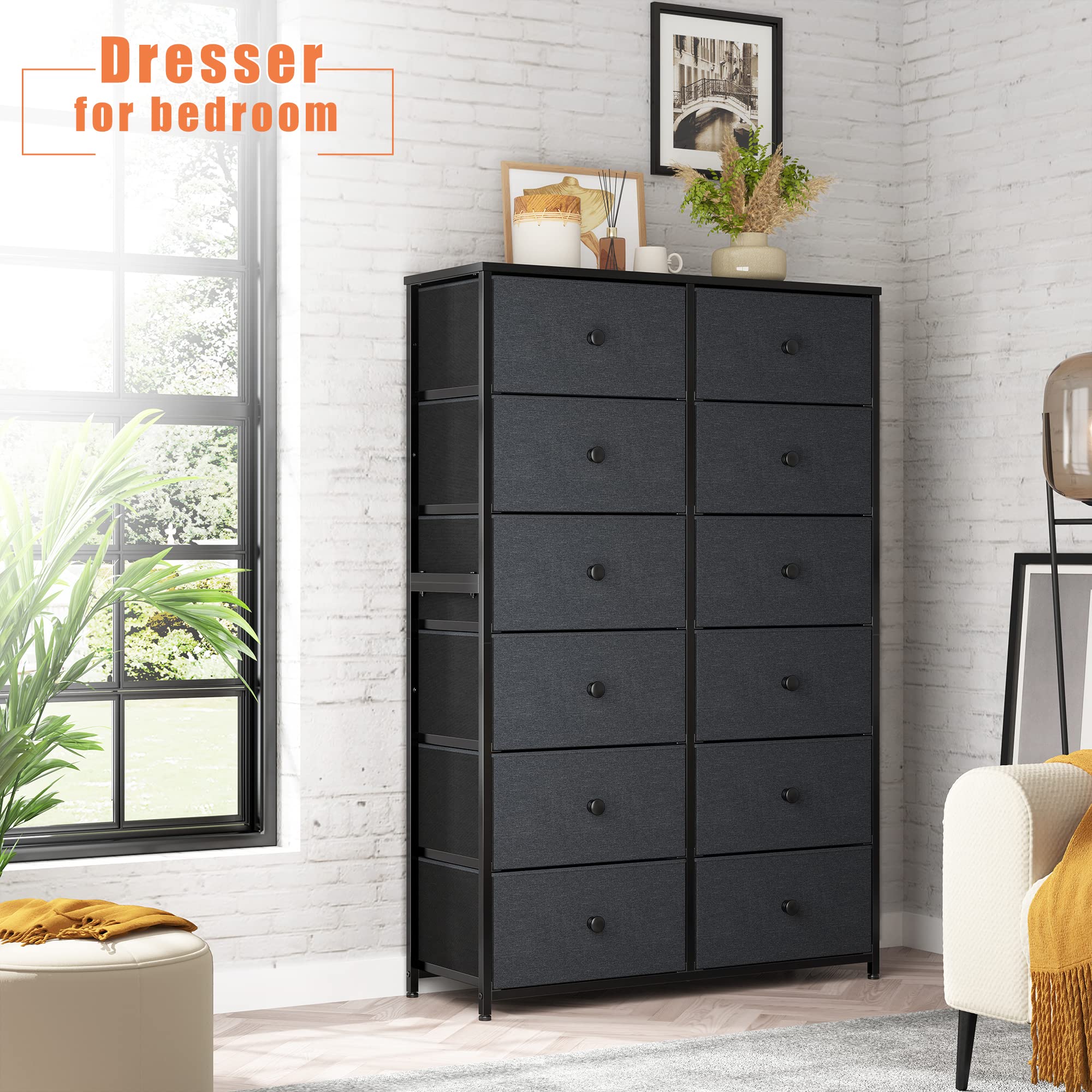 Dresser for Bedroom Tall Dresser with 12 Drawers Wooden Top and Metal Frame Black