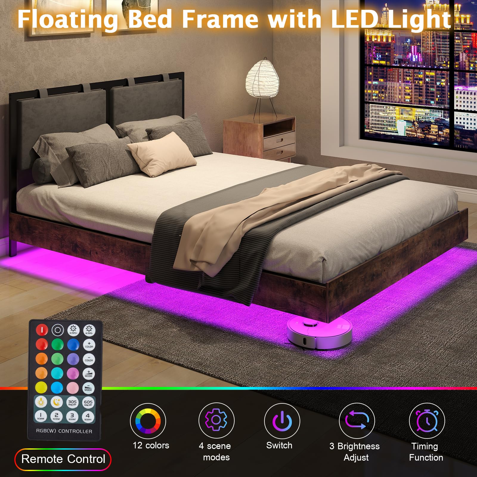 Floating Bed Frame Full with Velvet Upholstered Headboard, Metal Platform Bed Frame Full Size with LED Lights, Heavy Duty Steel Slats Support, No Box Spring Needed, Noise Free, Easy Assembly, Brown