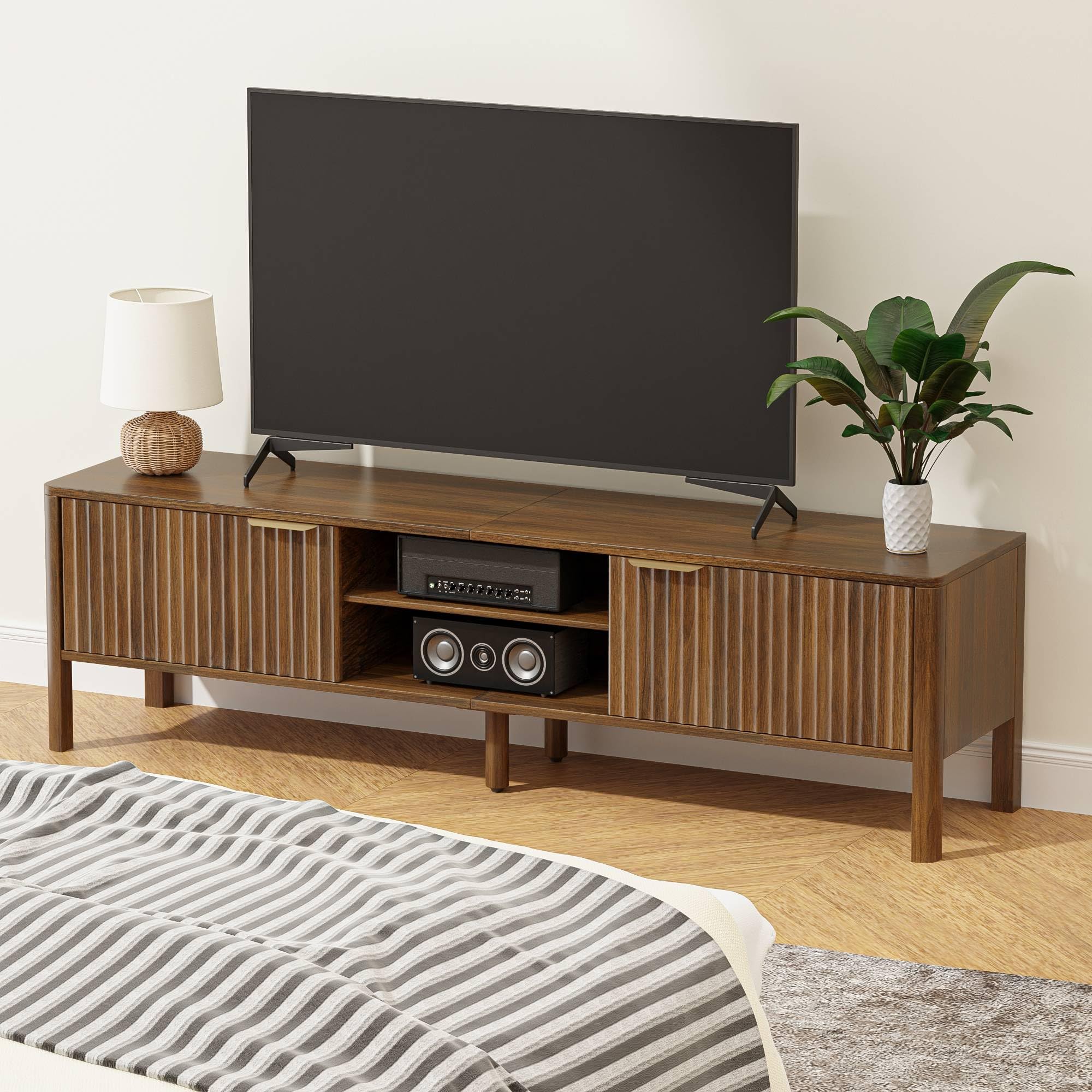 Mid Century Modern TV Stand with Fluted Door Storage