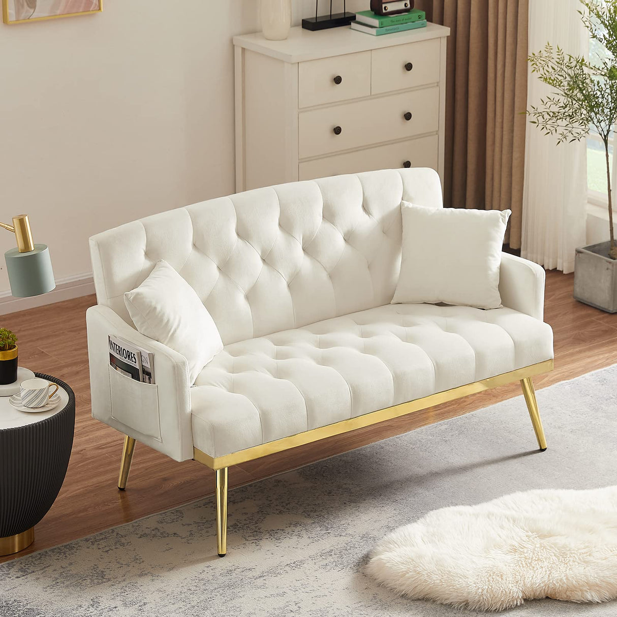 Upholstered Velvet Loveseat Sofa, Modern Small Sofa Couch with Side Pocket and Golden