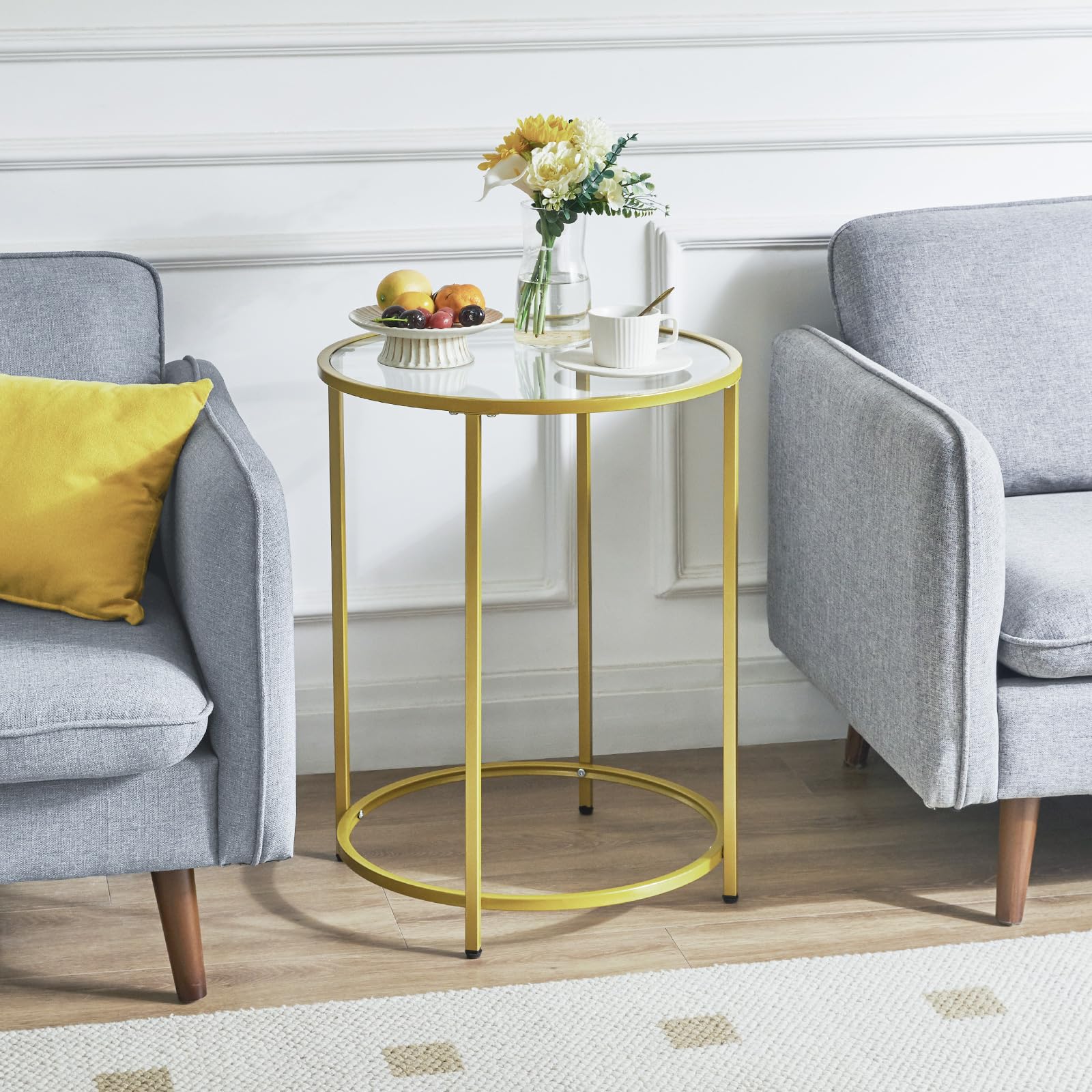 Round End Table, Tempered Glass Sofa Side Table, Gold Coffee Table for Office Bedroom Living Room