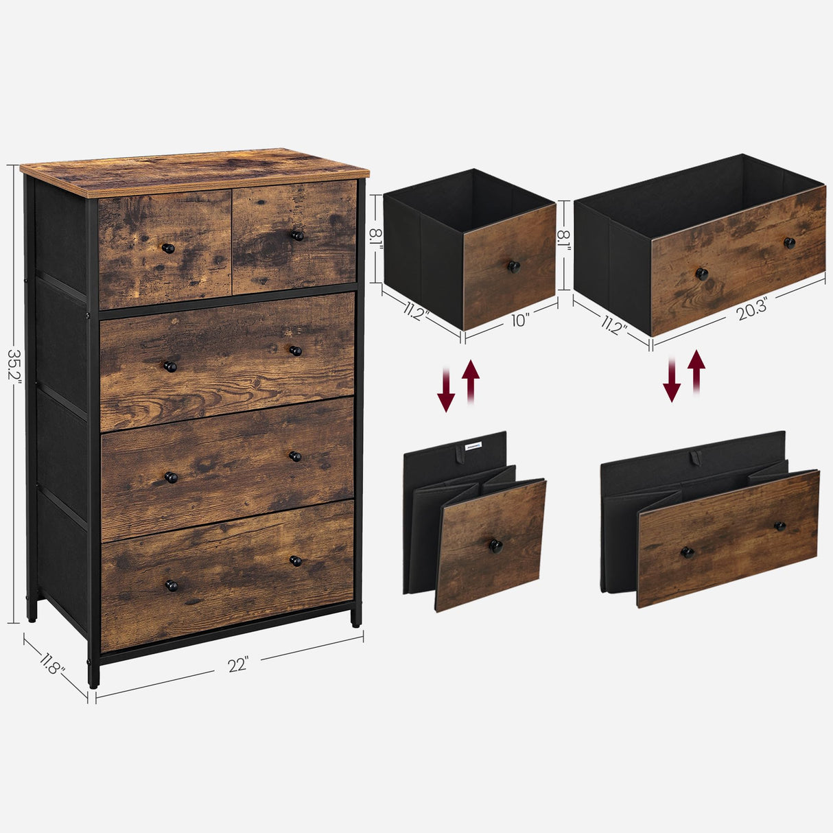 Drawer Dresser, Storage Dresser Tower with 5 Fabric Drawers, Wooden Front and Top