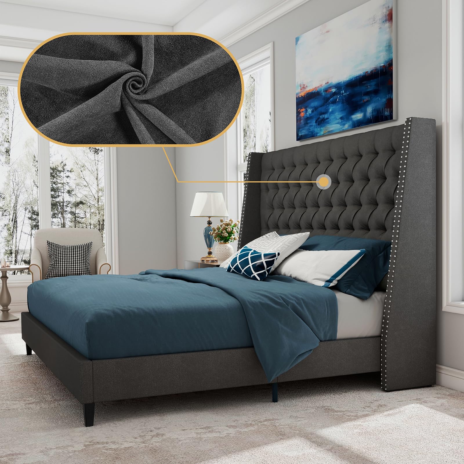 Queen Size Bed Frame, Linen Upholstered Platform Bed with Nailhead Wingback Headboard