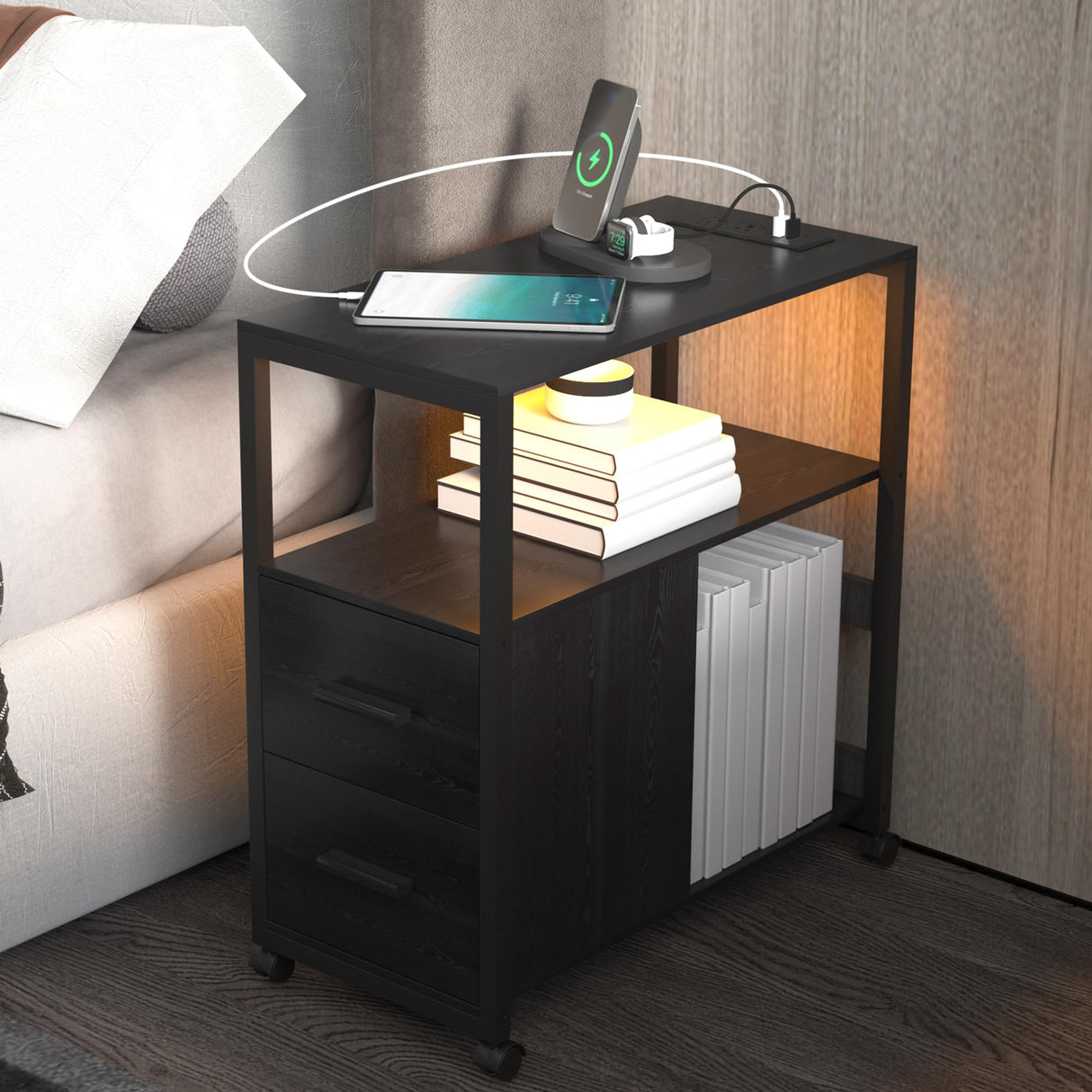 Side Table with Charging Station, End Table with Led Light, Black Nightstand with 2 Drawers, 3-Tier Storage, Wheels and USB Ports & Outlets for Bedroom