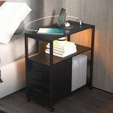 Side Table with Charging Station, End Table with Led Light, Black Nightstand with 2 Drawers, 3-Tier Storage, Wheels and USB Ports & Outlets for Bedroom