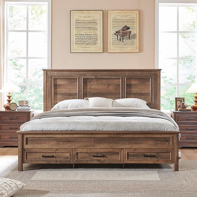 Farmhouse Queen Size Bed Frame with 52" Tall Full-Panel Headboard & Footboard