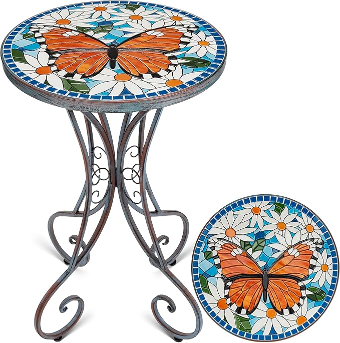 Mosaic Patio Table and Plant Stand, Outdoor Side Table for Patio with 14" Ceramic Tile Top