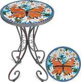 Mosaic Patio Table and Plant Stand, Outdoor Side Table for Patio with 14" Ceramic Tile Top