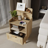 Nightstand with Charging Station, Small Bedside Table, Rattan Nightstand Set of 2