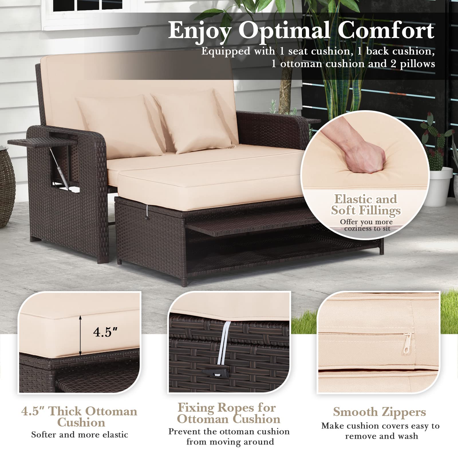 Patio Rattan Daybed, Patiojoy Wicker Loveseat Sofa w/Multipurpose Ottoman