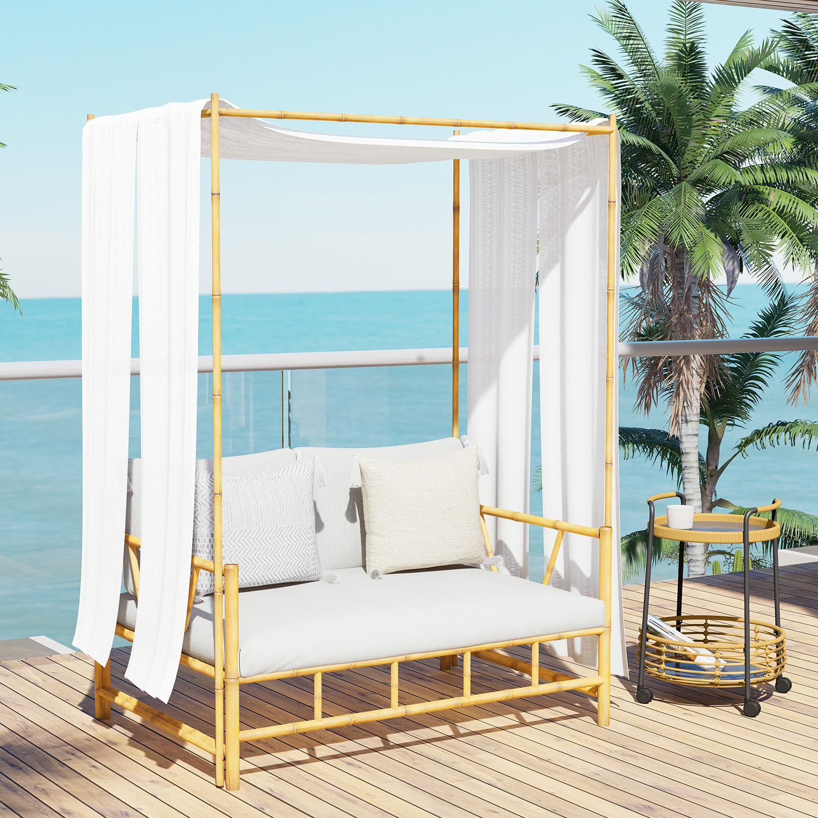 Grand patio Outdoor Loveseat with Canopy, Metal Patio Loveseat Sofa with Thick Cushion, Tropical-Style Outdoor Furniture Featuring Imitation Bamboo Finish, White