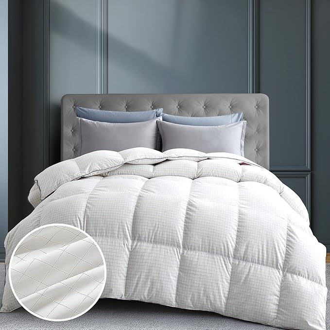 Cotton Feather Comforter, Bedding Duvet Insert Full/Queen Size, 100% Pure Natural Cotton Cover Breathable Fluffy Feather Comforter with Corner Ties (Beige, 88"x90")