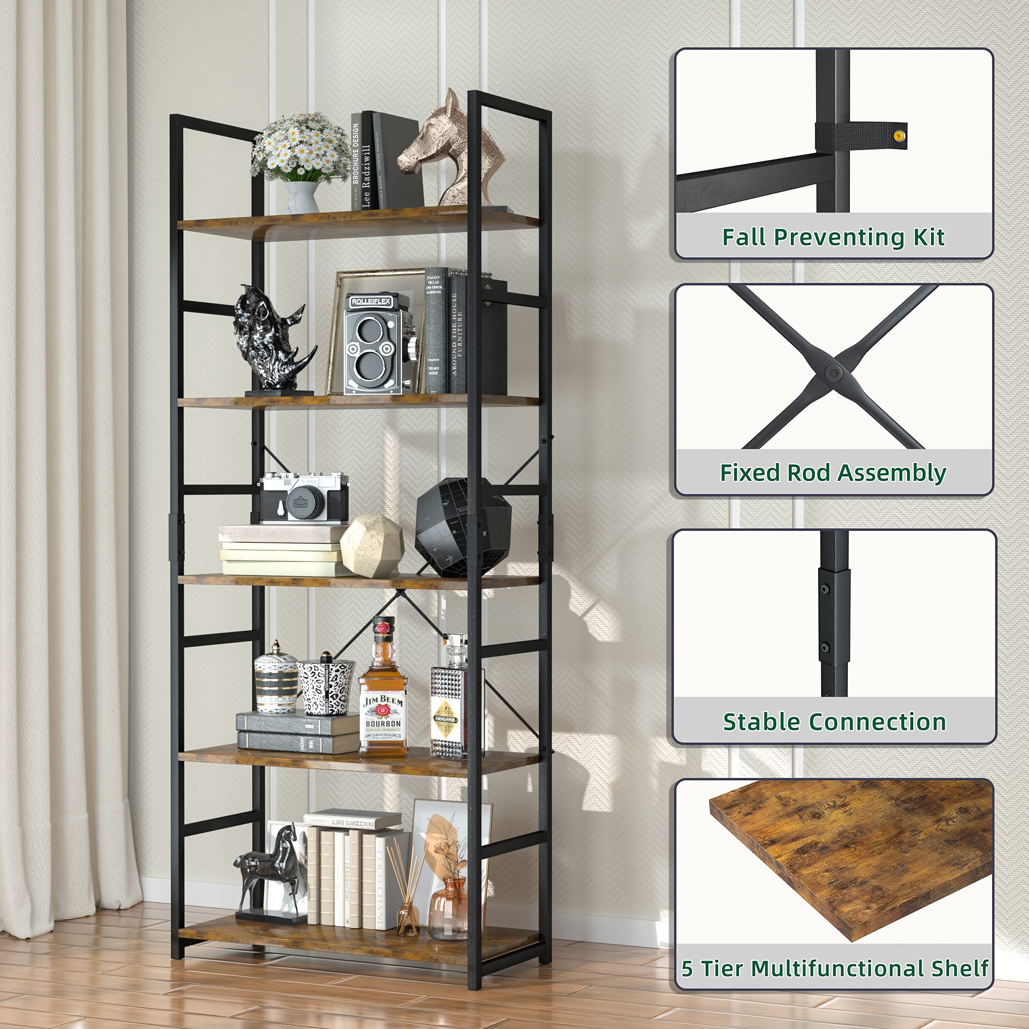 5 Tier Bookshelf, Tall Bookcase, Office Shelf Storage Organizer, Modern Book Shelf for