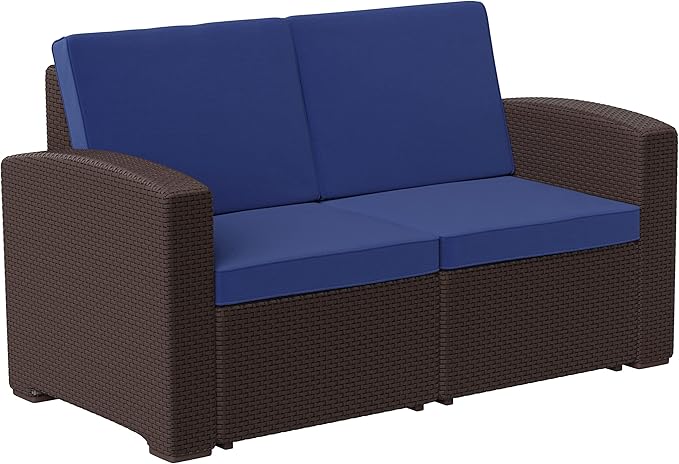 Seneca Chocolate Brown Faux Rattan Loveseat with All-Weather Beige Cushions