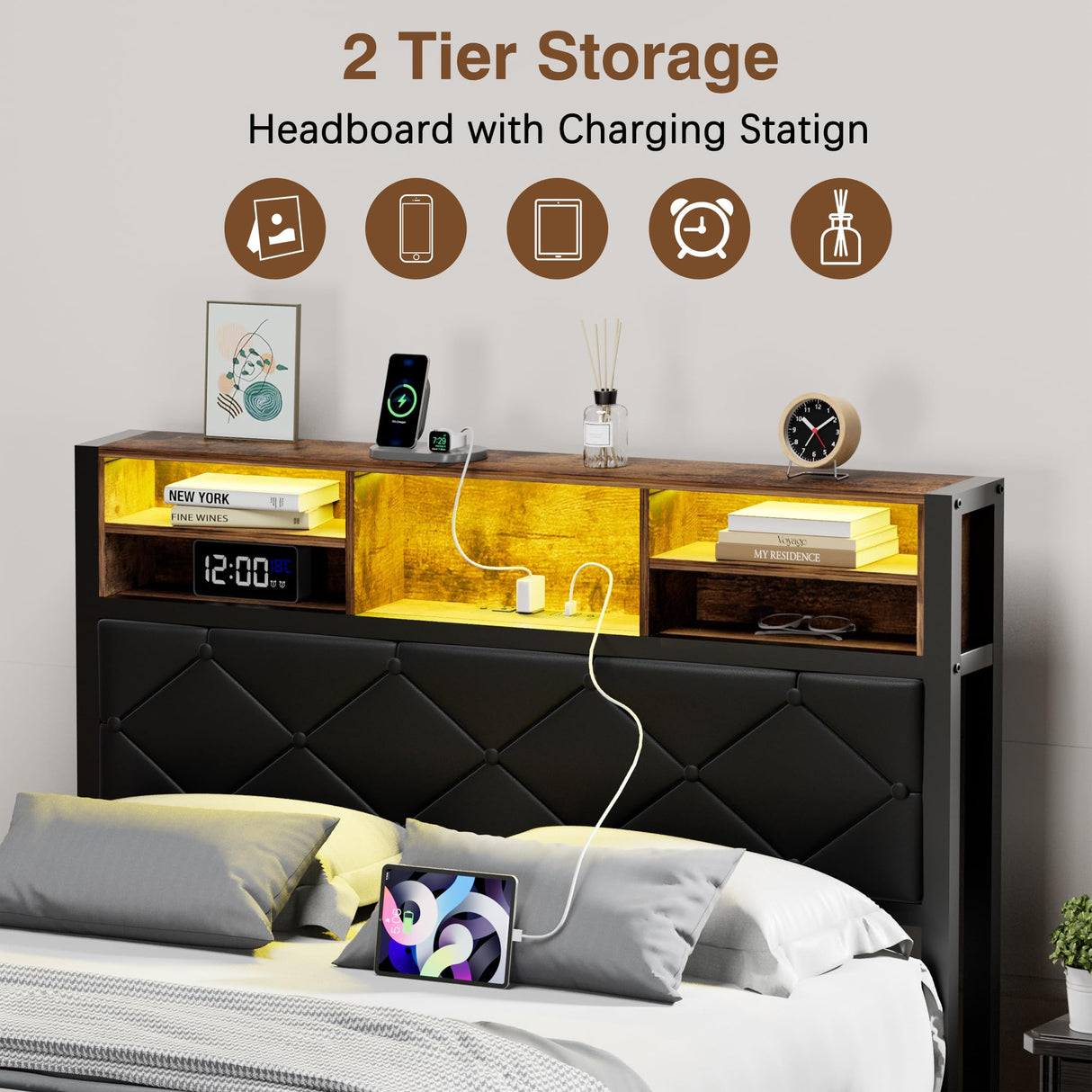 Full Size Metal Bed Frame with LED Lights, USB Charging & Storage