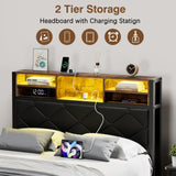 Full Size Metal Bed Frame with LED Lights, USB Charging & Storage
