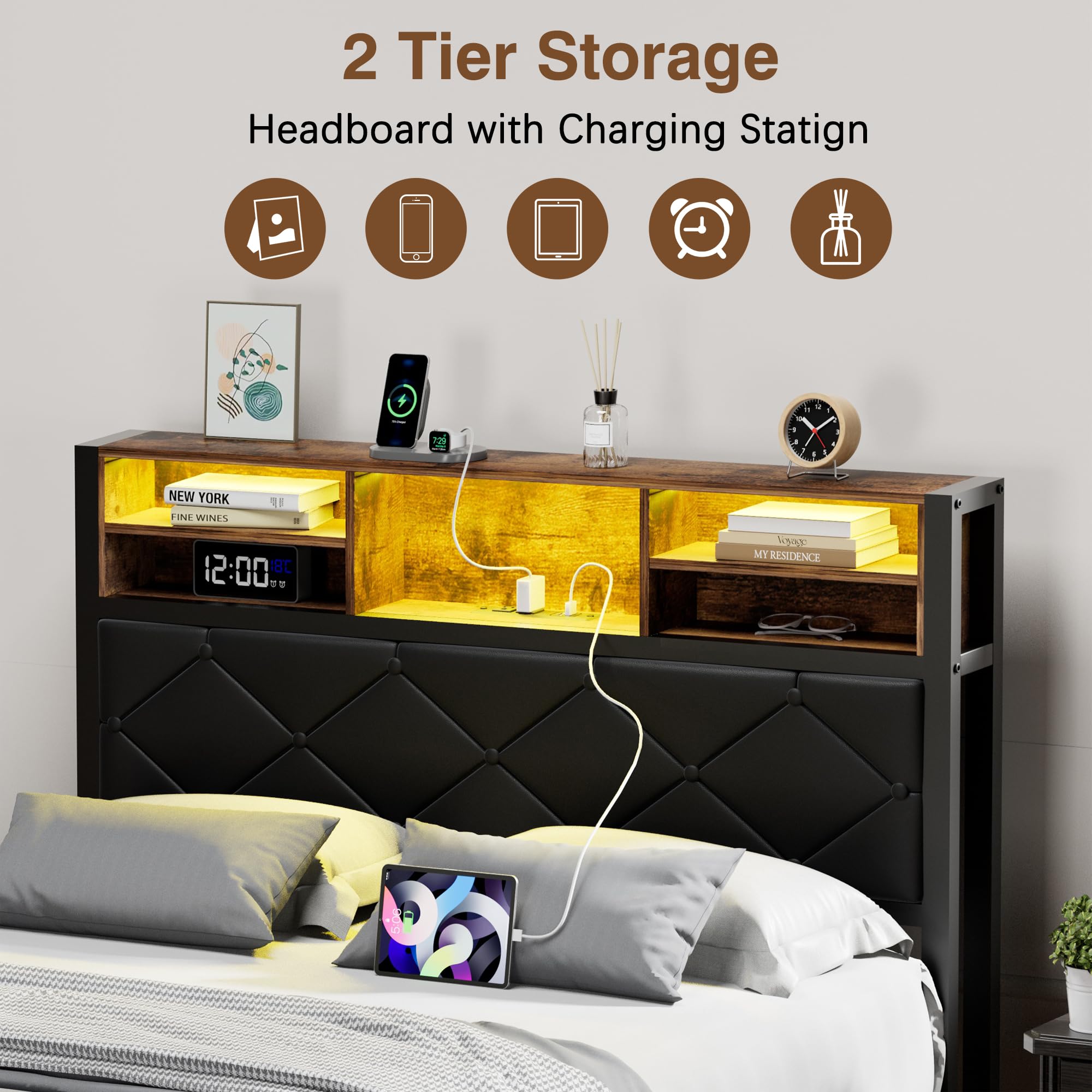 Full Size Metal Bed Frame with LED Lights, USB Charging & Storage