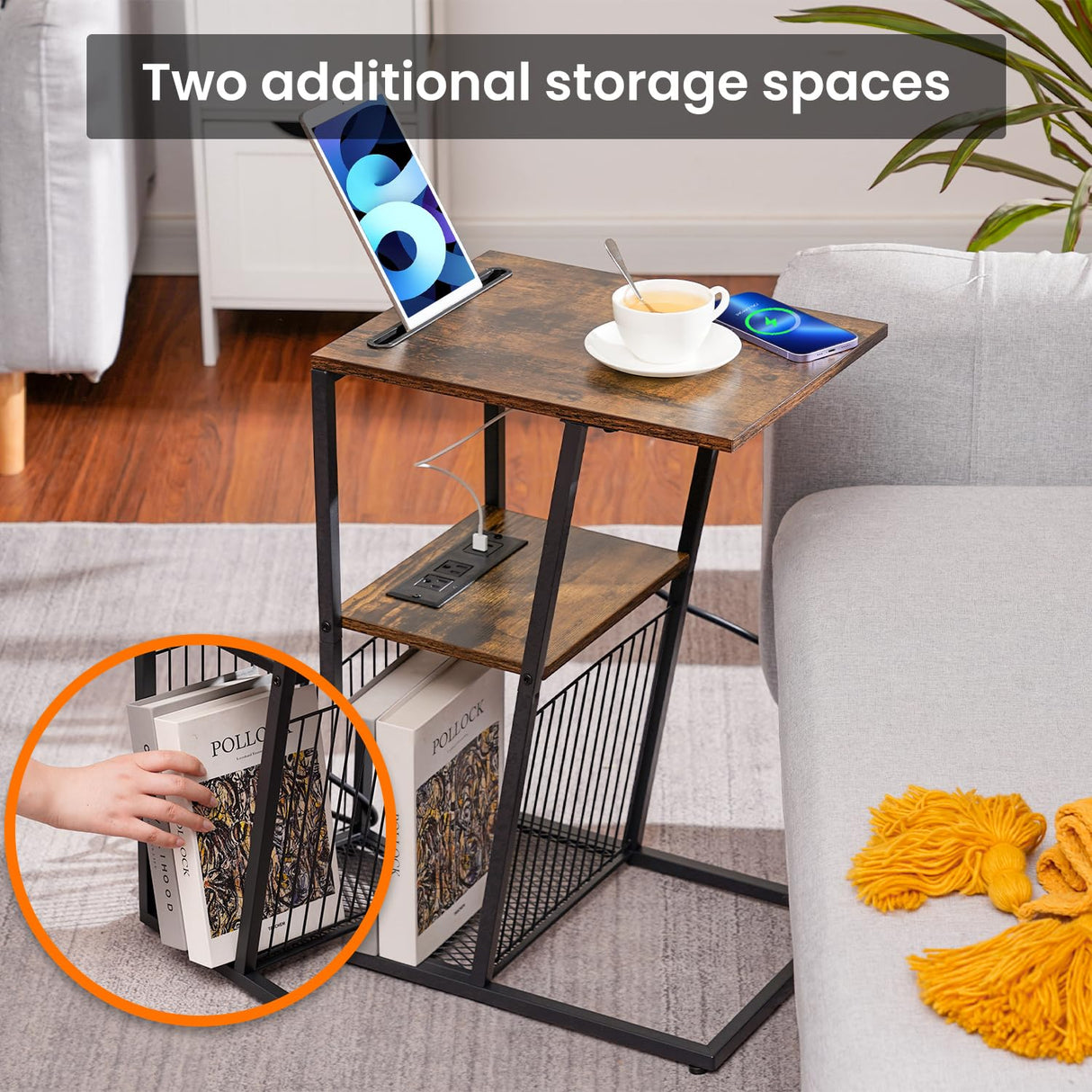 Side Table, C Shaped Nightstand End Table with Charging Station and Phone Holder