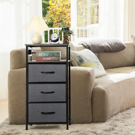 End Table with 3 Drawers and 2-Tier Shelf, Fabric Small Dresser Organizer Vertical