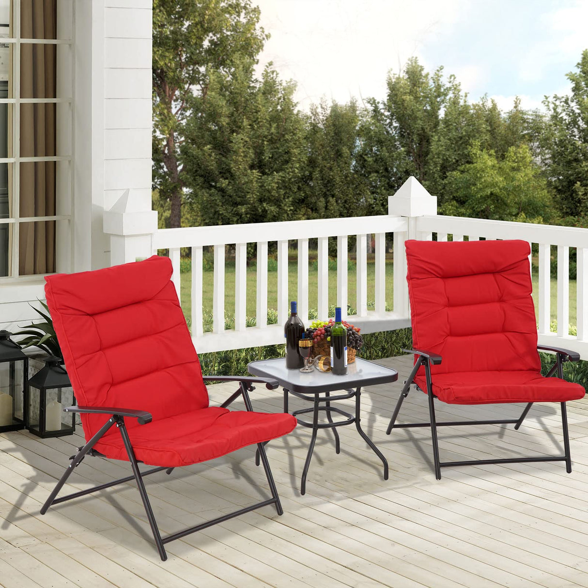 3 Pcs Folding Chair Set Outdoor Furniture Adjustable Reclining Bistro Set with Red Cushions