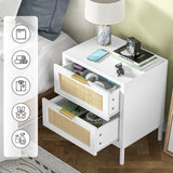 White nightstands with 2 Drawers, Natural Rattan Night Stand, White End Table with Metal Legs, Bedside Table for Bedroom