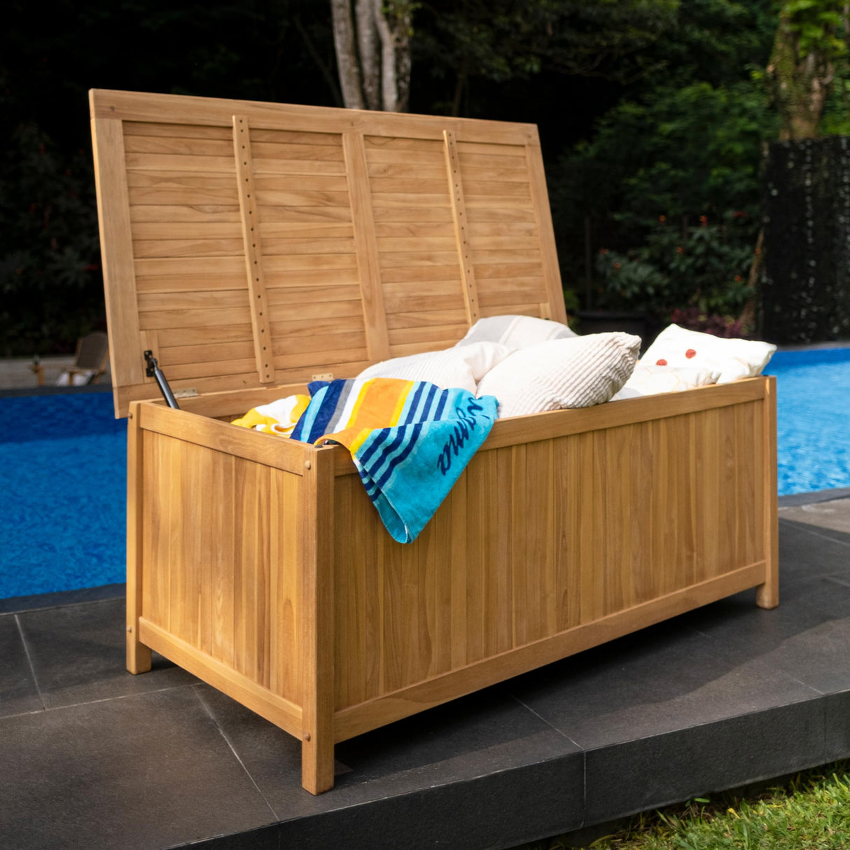 Arie 60 inch Wood Outdoor Deck Storage Box, Natural Teak