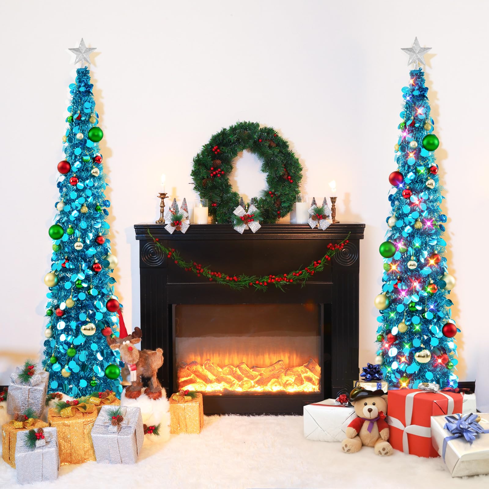 Pop Up Christmas Tree with Lights & 40 Balls, 6Ft Collapsible Blue Tinsel Christmas Tree